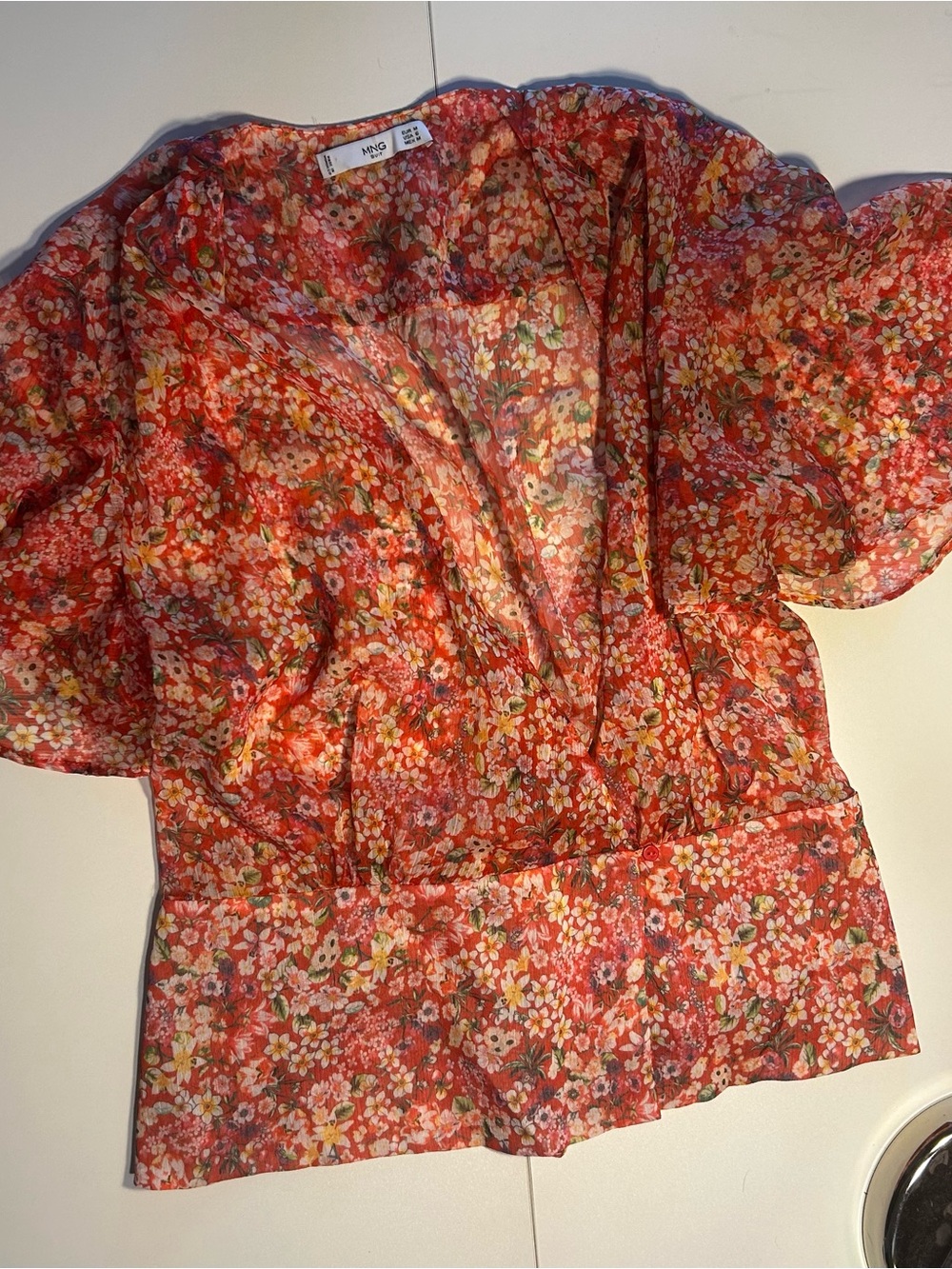 MANGO Floral Red Sheer Wrap Top